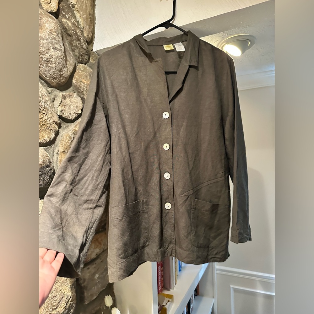 Islander Linen Blend Button-Down Shirt – Olive Earthy Neutral – Size Large